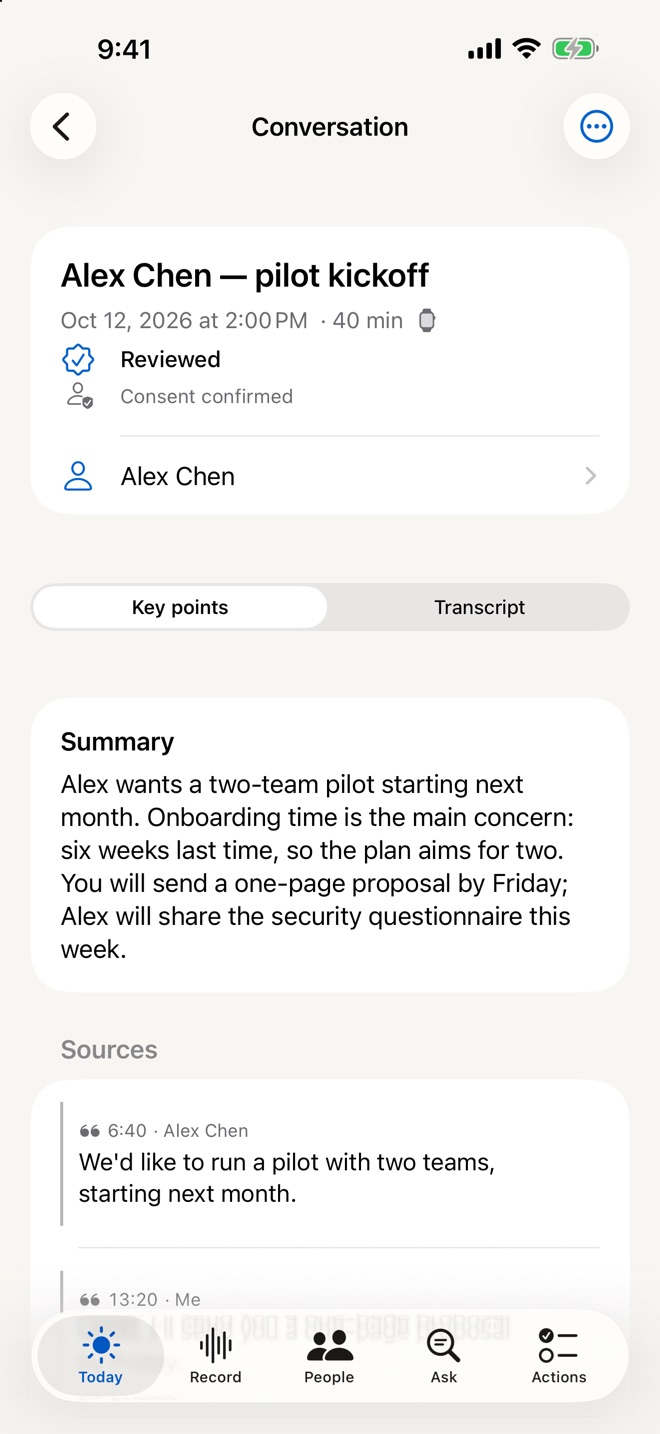 A conversation: summary, commitments and follow-ups, each with a link to the original sentence